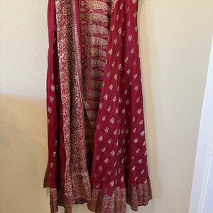 Upcycled Silk Saree Skirt - Berry color with white-gold floral brocade (medium)
